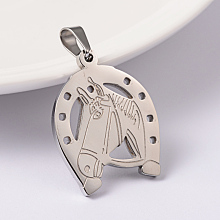 Honeyhandy 304 Stainless Steel Pendants, Horse with Horseshoe, Stainless Steel Color, 27x21x2mm, Hole: 6x4mm