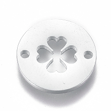 Honeyhandy 304 Stainless Steel Links connectors, Flat Round with Four Leaf Clover, Stainless Steel Color, 12x1mm, Hole: 1.2mm