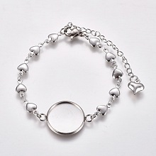 Honeyhandy 304 Stainless Steel Bracelet Making, with Lobster Claw Clasps, Heart Link Chains and Flat Round Cabochon Settings, Stainless Steel Color, Tray: 16mm, 6 inch(15.3cm)