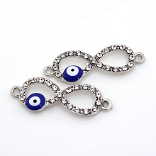 Alloy Rhinestone Evil Eye Links connectors, with Enamel, Infinity, Platinum, 27x10x2.5mm, Hole: 1.5mm