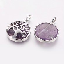 Honeyhandy Natural Amethyst Pendants, with Brass Findings, Platinum, Flat Round with Tree, 31x27x6.5~7mm, Hole: 5x8mm