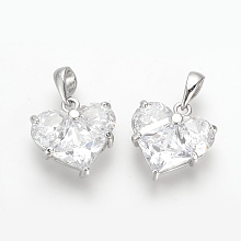 Honeyhandy Brass Cubic Zirconia Charms, Nickel Free, Real Platinum Plated, Heart, 14.5x14x5mm, Hole: 4x2.5mm