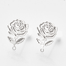 Honeyhandy Brass Stud Earring Findings, with Loop, Flower, Nickel Free, Real Platinum Plated, 12x9mm, Hole: 1mm, pin: 0.6mm