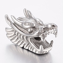 Honeyhandy 304 Stainless Steel European Beads, Large Hole Beads, Dragon Head, Stainless Steel Color, 28.5x15x17mm, Hole: 4mm