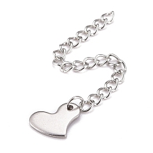 Honeyhandy 304 Stainless Steel Chain Extender, Curb Chain, with 202 Stainless Steel Charms, Heart, Stainless Steel Color, 63mm, Link: 3.7x3x0.5mm, Heart: 8.5x11x1mm