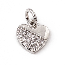 Honeyhandy Brass Micro Pave Clear Cubic Zirconia Heart Charms, with Open Jump Rings, Platinum, 8.5x7.5x1.5mm, Jump Ring: 4.5x0.7mm, Inner Diameter: 3mm