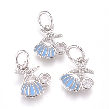 Honeyhandy Brass Charms, with Micro Pave Cubic Zirconia, Enamel and Jump Rings, Starfish with Scallop, Clear & Sky Blue, Platinum, 10x8x2mm, Hole: 3.2mm