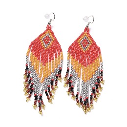 Honeyhandy Glass Seed Braided Rhombus with Tassel Chandelier Earrings, Bohemian Brass Wire Wrap Drop Earrings for Women, Crimson, 90mm, Pin: 0.6mm