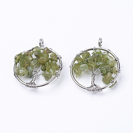 Honeyhandy Natural Peridot Pendants, with Brass Findings, Flat Round with Tree of Life, Platinum, 29x5~7mm, Hole: 4.5mm