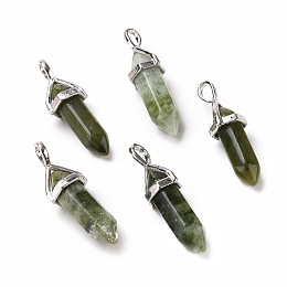 Honeyhandy Natural Green Xinyi Jade, Chinese Southern Jade Pendants, Faceted, with Platinum Tone Brass Findings, Lead free & Cadmium Free, Bullet, 27~30x9~10x7~8mm, Hole: 4x3mm