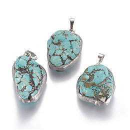 Honeyhandy Turquoise Pendants, with Platinum Tone Brass Findings, Nuggets, 31~35.5x21~23.5x14~15mm, Hole: 8x5mm