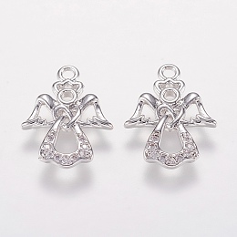 Honeyhandy Brass Micro Pave Cubic Zirconia Charms, Angel Pendants, Platinum, 17x12.5x1.5mm, Hole: 1.5mm