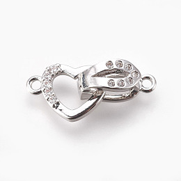 Honeyhandy Brass Micro Pave Cubic Zirconia Fold Over Clasps, Heart, Clear, Real Platinum Plated, 18mm, Hole: 1.2mm