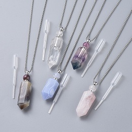 Honeyhandy Natural Gemstone Perfume Bottle Pendant Necklaces, with Stainless Steel Box Chain and Plastic Dropper, Hexagonal Prism, Stainless Steel Color, 27.4 inch~27.5 inch(69.5~69.9cm), Bottle Capacity: 0.15~0.3ml(0.005~0.01 fl. oz)