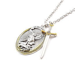 Honeyhandy Two Tone Sword and Oval Shield Pendant Necklace, St. Michael Crystal Rhinestone Jewelry for Religion, Platinum & Light Gold, 19.09 inch(48.5cm)