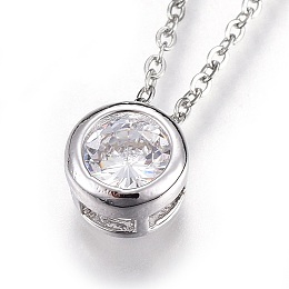 Honeyhandy 304 Stainless Steel Pendant Necklaces, with Cubic Zirconia, Flat Round, Clear, Stainless Steel Color, 17.7 inch(45.2cm)