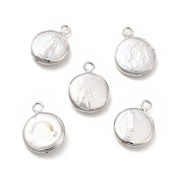 Honeyhandy Baroque Natural Keshi Pearl Pendants, Flat Round Charms, with Brass Loops, Platinum, 15~17x11~13x3~4mm, Hole: 1.8mm