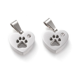 Honeyhandy 304 Stainless Steel Charms, with Rhinestone, Manual Polishing, Heart with Hollow Dog Footprint, Stainless Steel Color, 13.5x14x3.5~4mm, Hole: 3x7mm