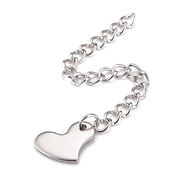 Honeyhandy 304 Stainless Steel Chain Extender, Curb Chain, with 202 Stainless Steel Charms, Heart, Stainless Steel Color, 63mm, Link: 3.7x3x0.5mm, Heart: 8.5x11x1mm