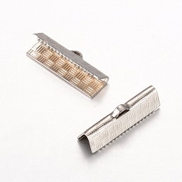 Honeyhandy 304 Stainless Steel Ribbon Crimp Ends, Rectangle, Stainless Steel Color, 5.5x20mm, Hole: 1x2.5mm