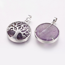 Honeyhandy Natural Amethyst Pendants, with Brass Findings, Platinum, Flat Round with Tree, 31x27x6.5~7mm, Hole: 5x8mm