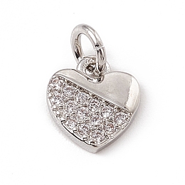 Honeyhandy Brass Micro Pave Clear Cubic Zirconia Heart Charms, with Open Jump Rings, Platinum, 8.5x7.5x1.5mm, Jump Ring: 4.5x0.7mm, Inner Diameter: 3mm