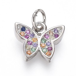 Honeyhandy Brass Micro Pave Cubic Zirconia Charms, with Jump Rings, Butterfly, Colorful, Platinum, 9.5x11x2mm, Hole: 3mm