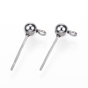 Honeyhandy 304 Stainless Steel Ball Stud Earring Findings, with Loop, Stainless Steel Color, 15x7x4mm, Hole: 1.7mm, Pin: 0.8mm