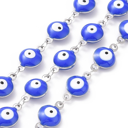 Honeyhandy 304 Stainless Steel Link Chains, with Enamel, Soldered, Flat Round with Evil Eye, Stainless Steel Color, Prussian Blue, 14.5x8x3~4mm