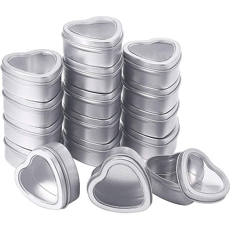 BENECREAT 16 Pack 2.4x1 Platinum Metal Tin Cans Heart Shape Tin-Plated Box with Clear Window for Gifts Party Favors and Other Accessories