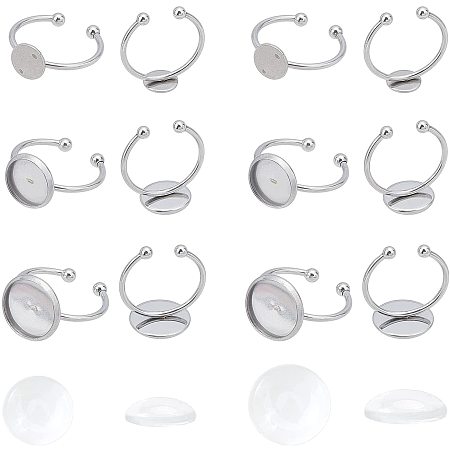 UNICRAFTALE 8/10/12mm Tray Cuff Finger Rings 18 Sets Stainless Steel Bezel Rings with Half Round Glass Cabochons Size 7 Finger Rings Components for Ring Making Stainless Steel Color