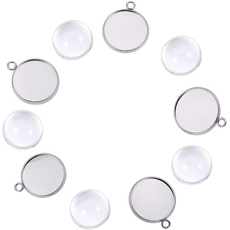 UNICRAFTALE 5 Sets 18mm Flat Round Tray Pendants Making Kits 304 Stainless Steel Pendant Cabochon Settings and Half Round Clear Glass Cabochons Metal Pendant Findings for Necklaces Jewelry Making
