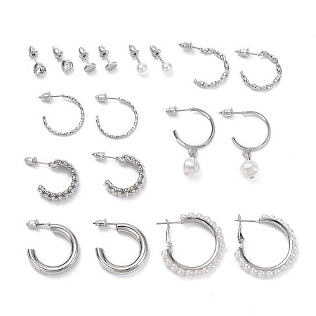 ARRICRAFT Ring & Round Rhinestone Stud Earrings, Imitation Pearl Beads Drop Half Hoop Earrings, Open Hoop Earrings for Women, Platinum, 6~35.5x1.5~7mm, Pin: 0.8mm, 9 pairs/set