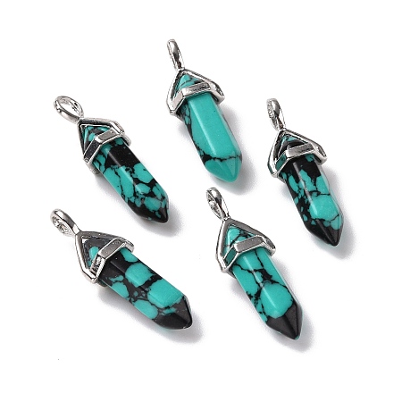 Synthetic Green Hubei Turquoise Pendants, Faceted, with Platinum Tone Brass Findings, Lead free & Cadmium Free, Bullet, 27~30x9~10x7~8mm, Hole: 4x3mm