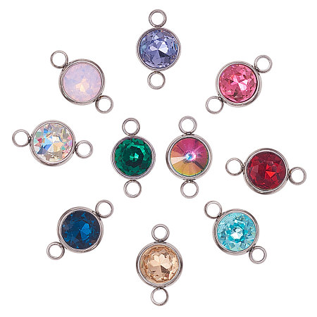 PandaHall Elite 10 Pieces Glass Flat Round Faceted Rhinestone Links Charm Chain Connectors 304 Stainless Steel Tone Cup 17.5x10x6.5mm Jewelry Making 10 Colors