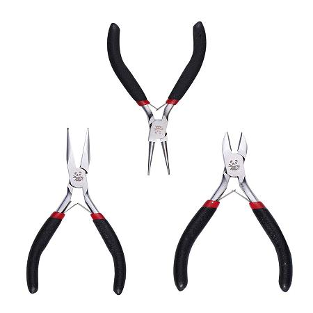 PandaHall Elite 3pcs DIY Jewelry Pliers Tool Sets, Polishing Side-Cutting Pliers, Wire-Cutter Pliers and Round Nose Pliers, Platinum