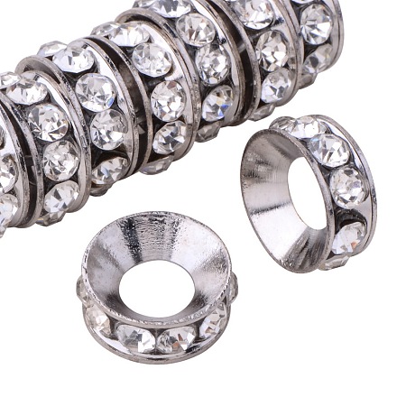 PandaHall Elite Grade A Brass Rhinestone Rondelle Spacer Beads Platinum 10x4mm for Jewelry Making 10pcs/bag