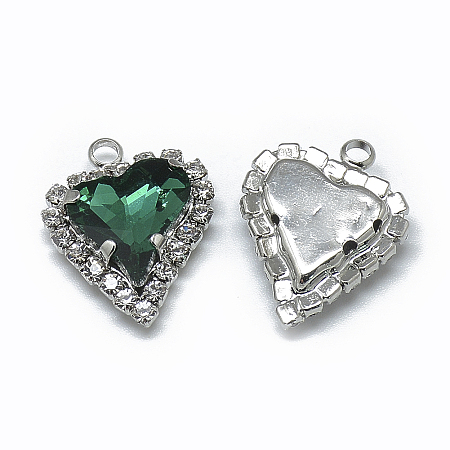 Honeyhandy Glass Rhinestone Pendants, with Platinum Tone Brass Findings, Heart, Emerald, 21x16.5x6mm, Hole: 2mm