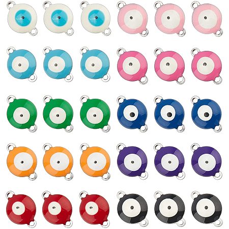 NBEADS 100 Pcs Evil Eye Connectors, 10mm Plating Evil Eye Charms 304 Stainless Steel Enamel Pendants Flat Round Double Hole Links for DIY Jewelry Crafts Making