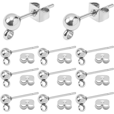 Pandahall Elite 200pcs Ball Stud Earring Kit, Stainless Steel Ball Post Earring Studs Round Ball Ear Pin with Loop with Butterfly Earring Back for Dangle Earring Jewelry Making