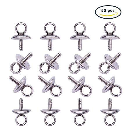 PandaHall Elite 6x5mm 304 Stainless Steel Cup Pearl Bail Pin Pendants For Half-drilled Beads Charms Jewelry Findings, about 50pcs/box