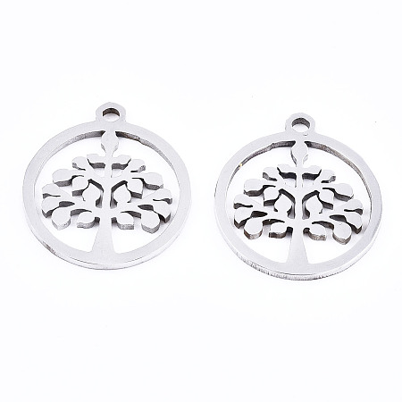 Honeyhandy 201 Stainless Steel Pendants, Laser Cut, Ring with Tree of Life, Stainless Steel Color, 17x15x1mm, Hole: 1.4mm