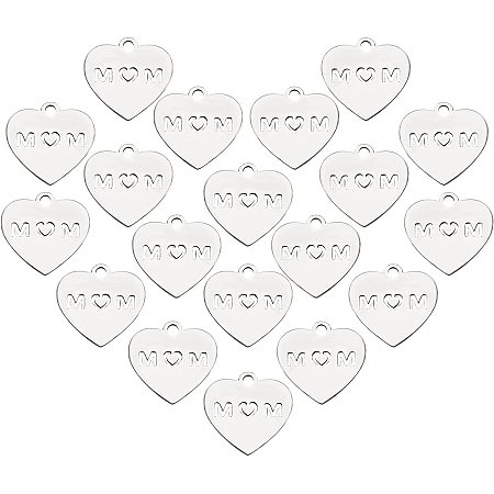 UNICRAFTALE About 20pcs Heart with Word MOM Charms Stainless Steel Pendants Hypoallergenic Heart Charm for DIY Jewelry Making, Hole 1.5mm, Stainless Steel Color
