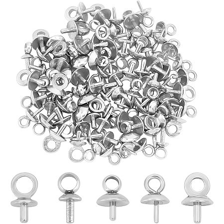 UNICRAFTALE About 100pcs 5 Sizes Stainless Steel Cup Pearl Peg Bails Pendant Bail Pins Screw Eye Pins Clasps Hooks for Half Drilled Beads Jewelry Making Stainless Steel Color