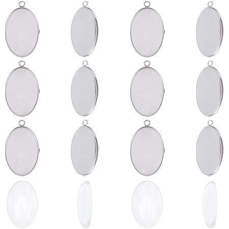 UNICRAFTALE about 32 Sets Oval Pendant Blanks with Glass Cabochons 30x20mm Bezels Blank Charm Stainless Steel Charms Pendant Cabochon Settings for DIY Jewelry Making, Stainless Steel Color