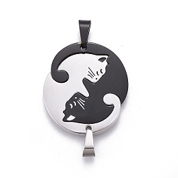 Honeyhandy 304 Stainless Steel Split Kitten Pendants, with Enamel, Couple Cat Shape, Gunmetal & Stainless Steel Color, Single Cat: 25.5x23.5x2.5mm, Hole: 6x3.5mm