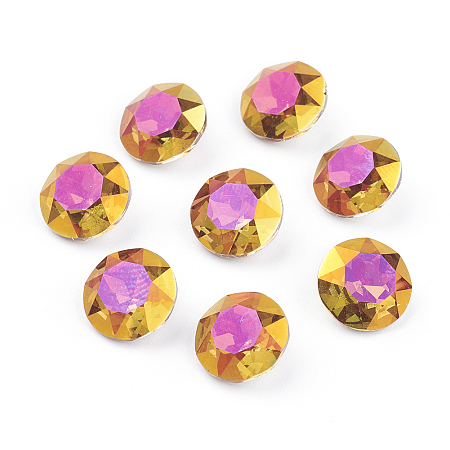 Pointed Back & Back Plated Glass Rhinestone Cabochons, Grade A, Faceted, Flat Round, Copper, 10x5mm
