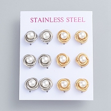 Honeyhandy 304 Stainless Steel Stud Earrings, Love Knot Earrings, with Plastic Imitation Pearl Beads and Ear Nuts, Golden & Stainless Steel Color, 11mm, Pin: 0.7mm, 6pairs/card