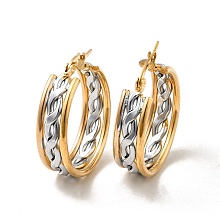 Honeyhandy Two Tone Hollow Braided 304 Stainless Steel Hoop Earrings for Women, Golden & Stainless Steel Color, 31x29x8mm, Pin: 1x0.6mm