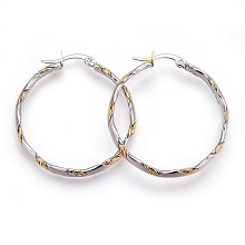 Honeyhandy 304 Stainless Steel Hoop Earrings, Hypoallergenic Earrings, Textured Ring Shape, Golden & Stainless Steel Color, 38x35.5x5mm, Pin: 1mm